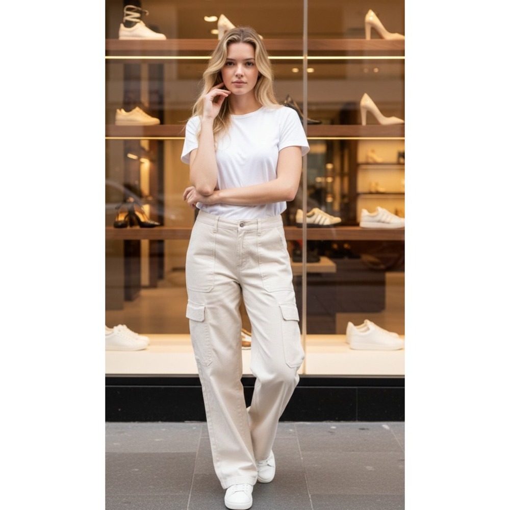 Zara Womens Size 14 White Cotton Gorpcore Cargo Pants High Waisted Wide Leg